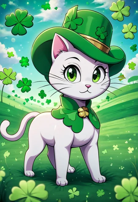 ((masterpiece, best quality)), high resolution, 32k picture, ShamrockWorld, clover, four-leaf clover, light particles, outdoors, sky, field, rainbow, looking at viewer, hat, green eyes, bokeh, no humans, animal, cat, green headwear, animal focus, clover, four-leaf clover ,<lora:ShamrockWorldXL:1.0>, zPDXL