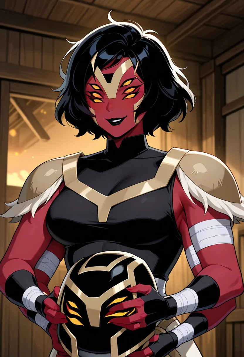 ((screencap, cartoon)) , masterpiece, best quality, amazing quality, very aesthetic, absurdres, newest,
looma,  red skin, solo, , yellow sclera,, extra eyes, , extra arms, facial expression, expressive face, black lips,
helmet, armor,  bandages, black sleeveless shirt, turtle neck, , shoulder armor, bandaged arm, 
holding helmet, helmet in hands, short black hair, smile, messy bushy hair,