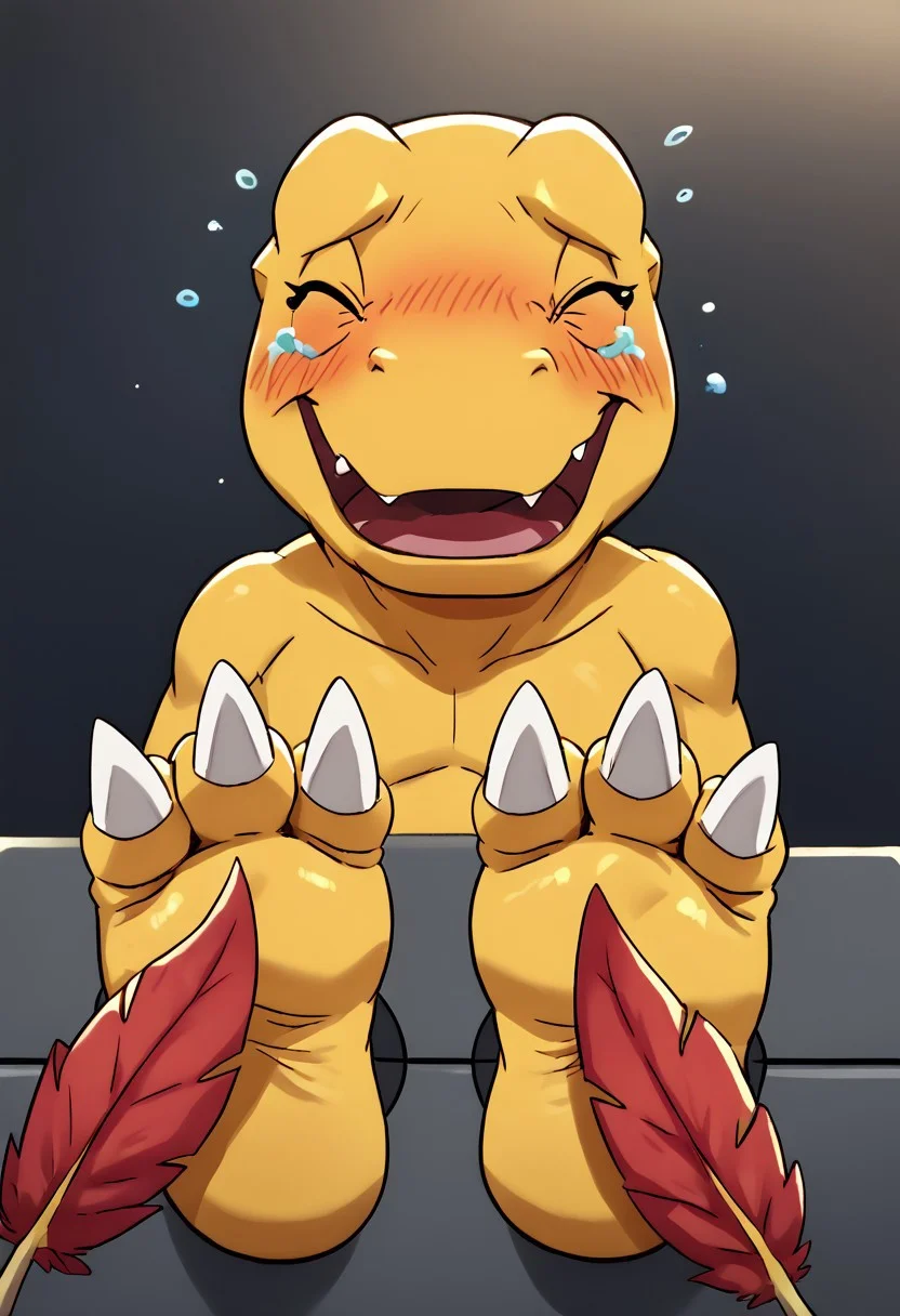 score_9,score_8_up,  <lora:OtherStyle_01:0.6>, .paws through wall. ((three toes with claws)), soft soles, ((cute feet)), toes curling. paws wiggling, paws shaking. 
((((face on monitor)))). (agumon, blushing, laughing hard, nervous, ticklish, embarrassed, head turned, mouth open, eyes closed, tears.)
((tickling agumon's feet with a single feather))
((detailed, anime, masterpiece, dynamic lighting.))