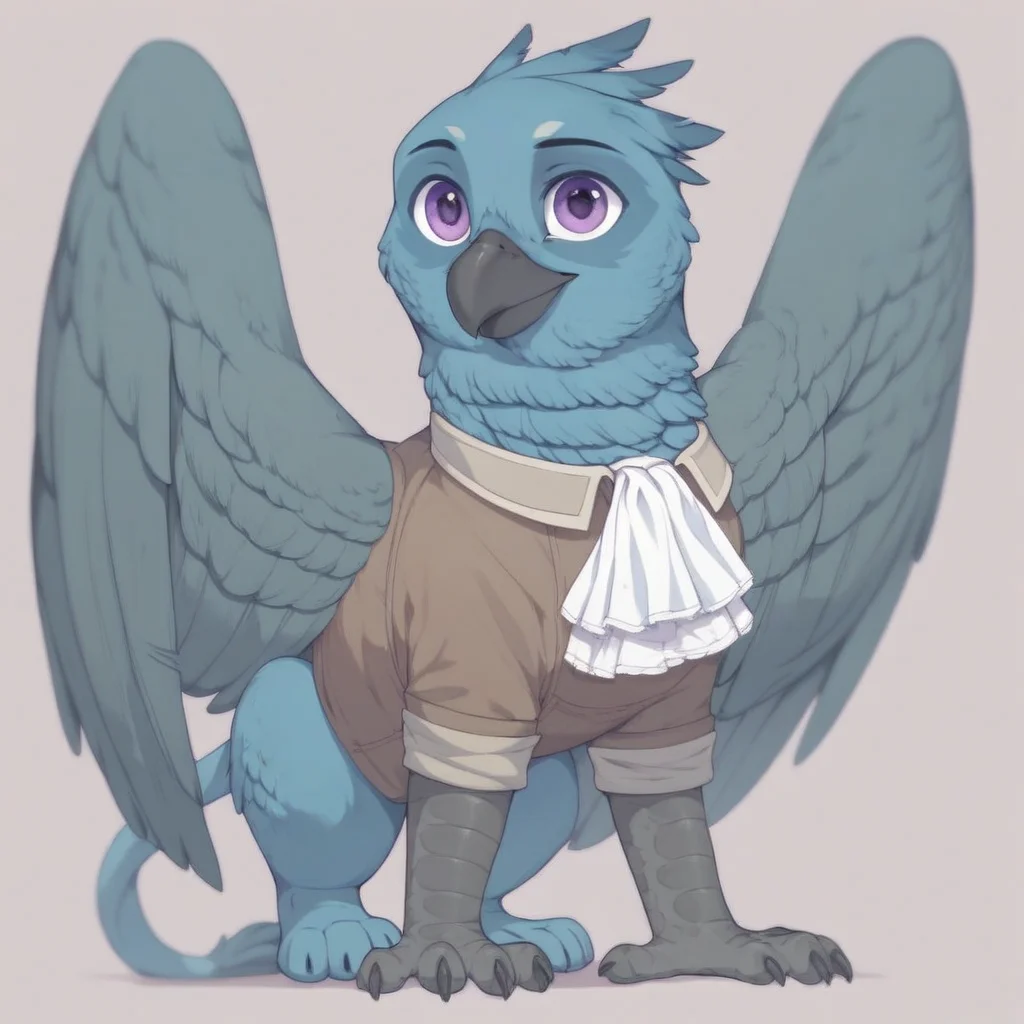 masterpiece, score_9, score_8_up, score_7_up, score_6_up, (best quality:1.1), ultra-detailed, high resolution, 1character, solo, Ondska, griffon, avian, feral, male, (((beautiful detailed purple eyes))), black beak, pastel blue feathers, closed mouth, noble clothes, white ascot, full body, simple background, Highly Visible, sharp focus, anatomically correct, extremely detailed