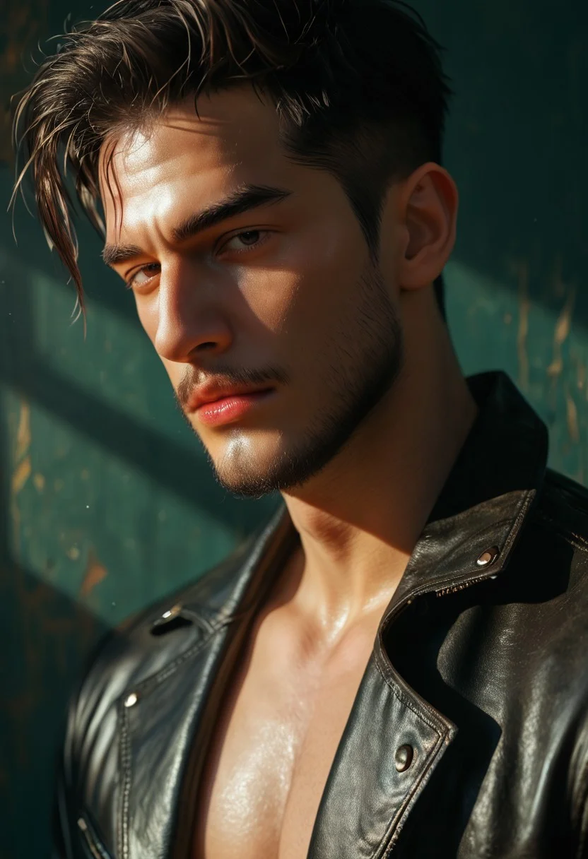 score_9, score_8_up, score_7_up, score_6_up, Silhouette, magnificent, dark background, portrait of stunning oriental man, black hair, red lips, twik, dark eyeshadow, seductive, sultry, lustful, leather jacket, goatee, rebelious look, detailed nipples, directional light, god rays, detailed, realistic