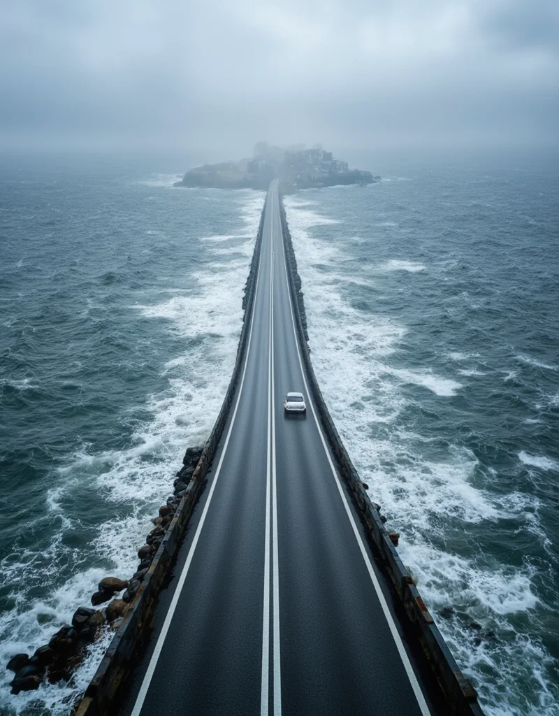 <lora:City_Worlds_01_v1_Roads_flux:1> realistic photo of citybkg, scenery, sea side road, on a bridge, both sides sea, storm, high waves, old car,
