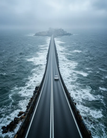 <lora:City_Worlds_01_v1_Roads_flux:1> realistic photo of citybkg, scenery, sea side road, on a bridge, both sides sea, storm, high waves, old car,