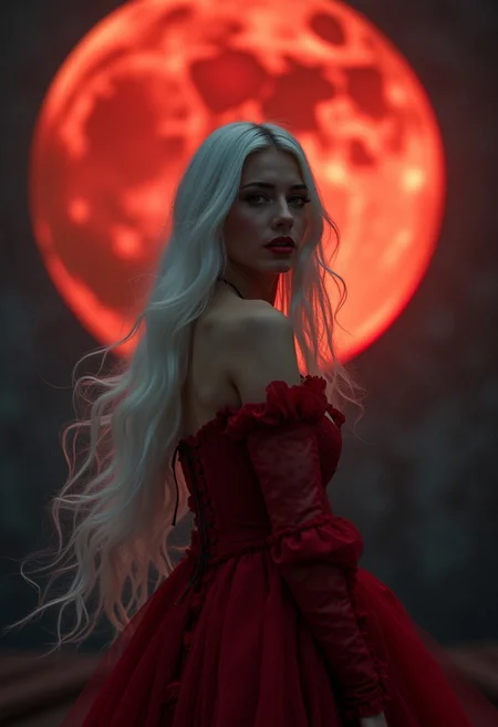 award wining professional erotic artistic boudoir photography, A cinematic masterpiece unfolds as the stunning professional european female model, resplendent in a flowing Victorian dress, stands majestically against an eerie backdrop of a colossal blood moon. Her long white locks flow like silk in the wind, framing her striking features with piercing red eyes and subtle makeup. The camera captures her sultry smile, lips painted red, as she gazes back, her enigmatic eyes radiating mystery and allure. Extreme lighting casts dramatic shadows on her bare skin, accentuating the flowing pubic hair, set against meticulous details that transport the viewer into a movie special effects style wonderland.