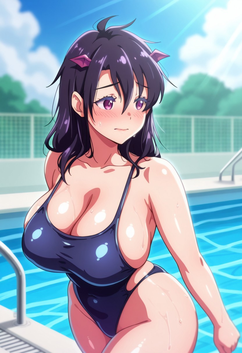 (((1girl,solo))),(masterpiece, amazing quality, best quality),very aesthetic, illustration, perfect composition, intricate details, absurdres, incredibly absurdres,(((Eririn,Black Hair,Medium Hair,Purple Eyes,Eyelashes,Lips,Ahoge,Hair Ornaments,Huge Breasts,Blue Swimsuit,One-Piece Swimsuit,Cleavage,perfect face, detailed eyes,Original Style,walking))),cowboy shot,blush,looking away,nervous,embarrassed,pool,sky