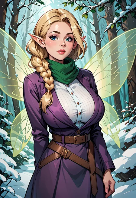 score_9, score_8_up, score_7_up, score_6_up, score_5_up, score_4_up, beautiful fairy woman, mature, long blonde braided hair, reij-hrstyl01 hairstyle, elf ears, detailed blue eyes, bright blue eyes, soft round jaw, magical aura, (delicate glowing wings with green patterns:1.4), (fairy wings:1.3), huge breasts, white buttoned dress, brown leather belt, purple jacket, green scarf, snowy forest, sunlight through trees, golden light on snow, winter setting