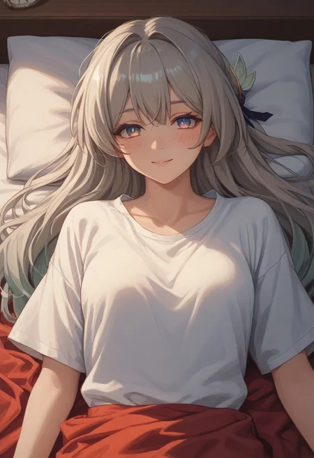score_9, score_8_up, score_7_up, socre_6_up, score_5_up, best quality, expressive eyes, perfect face, ratting_safe, , d3p1x3l, pixel art, scenery, solo,score_9,score_8_up,score_7_up, solo, soft light, high res, super detailed, 1girl, bedroom, alarm clock, morning routine, , smile, blush, looking at viewer, laying, on bed, dynamic pose, solo, cowboy shot, white loose shirt, blanket over body, Firefly_Honkai,, , grey hair, long hair,