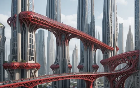 bridcity, create a futuristic city with an infinite number of bridges connecting an infinite number of skyscrapers, hde, bridges between buildings, bridge's buildings, street, sign, floor lamp, ground vehicles, car, crowded, city ââlandscape, very intricate buildings, neo gothic skyscraper, very high bridge, black and red tones, 8k masterpiece, intricate details, deep of fields <lora:Bridges-city:1> <lora:Add_Details_v1.2:1.9> <lora:jianzhu:1> <lora:AARG_aerial:1> <lora:City_Worlds_01_Effects:1.4> <lora:EnvyElvishArchitectureXL01:1.9> <lora:lora-oop.000009.TA_trained (1):1.3> <lora:PAseerCloudV1:1> <lora:Sci-fi_env_flux:1.4>