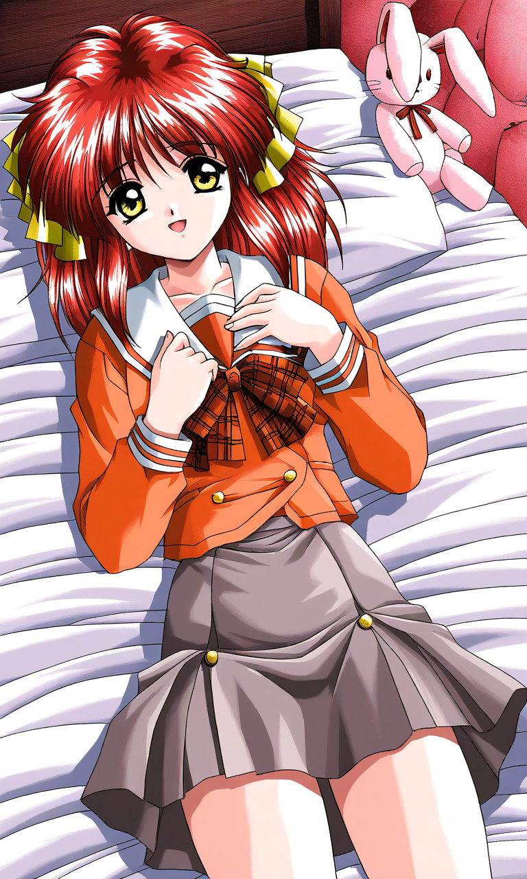 general,highres, ultra-detailed,very aesthetic,best quality ,best hands, BREAK <lora:Kisaragi_Hina_Akumu_AoiKajitsunoSange_IS:1>
Kisaragi_Hina, 1girl, solo, red hair,  medium hair, yellow eyes, hair ribbon, small breasts,
rabbit, stuffed toy, open mouth, short,
light smile, orange school uniform, ribbon, white+gray skirt, outdoors,hands on own chest,, check skirt, plaid bow, long sleeves, serafuku, 
bed room, sheet, bed,