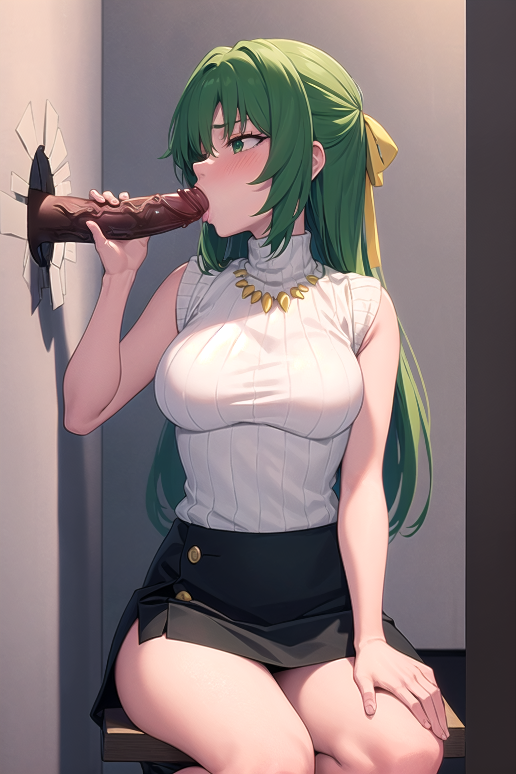 best quality, masterpiece, 1girl, glory hole, fellatio, penis,1boy,  Sonozaki Shion, green hair, green eyes, long hair, yellow ribbon, yellow necklace, turtleneck sweater, black skirt,