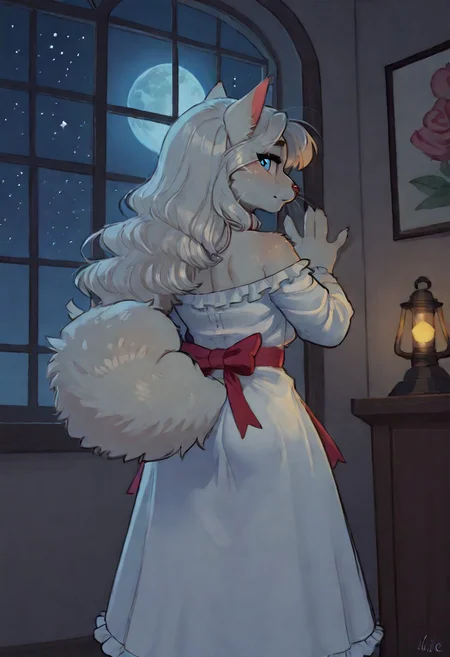 Art by Phallusbro[STYLE], Phallusbro[STYLE], furry, furry art, Cartoony, Cartoon like, cutesy style,
csr style, fcNeg, updn,
NEGATIVE_HANDS, 
HD, digital painting, painting, digital art, digital media (artwork), hi res, (uploaded on e621:1.1), best quality, highly detailed, intricate details, extremely detailed, perfect hands, negative_hand, detailed, clean lines, Shaded, painted,
game CG, official art, score_9, score_8_up, score_7_up, score_6_up, score_5_up, score_4_up. 
looking out window, back to viewer, back, from behind,
portrait
yuri, animalistic features, contemplative, serene, neutral face, frowning, majestic, beautiful,
1 girl, cat anthro, feline, fluffy, cute, fluffy tail, long tail, light blue eyes, white hair, whiskers, long hair , white body, big hair,
clothed. dress, ruffled dress, ribbons, frills, frilly dress,
inside, night, window, full moon, moon, sky, stars, moon light, moonlight, light beams, dynamic lighting, dramatic lighting, back light, glow, glowing fur, glowing,