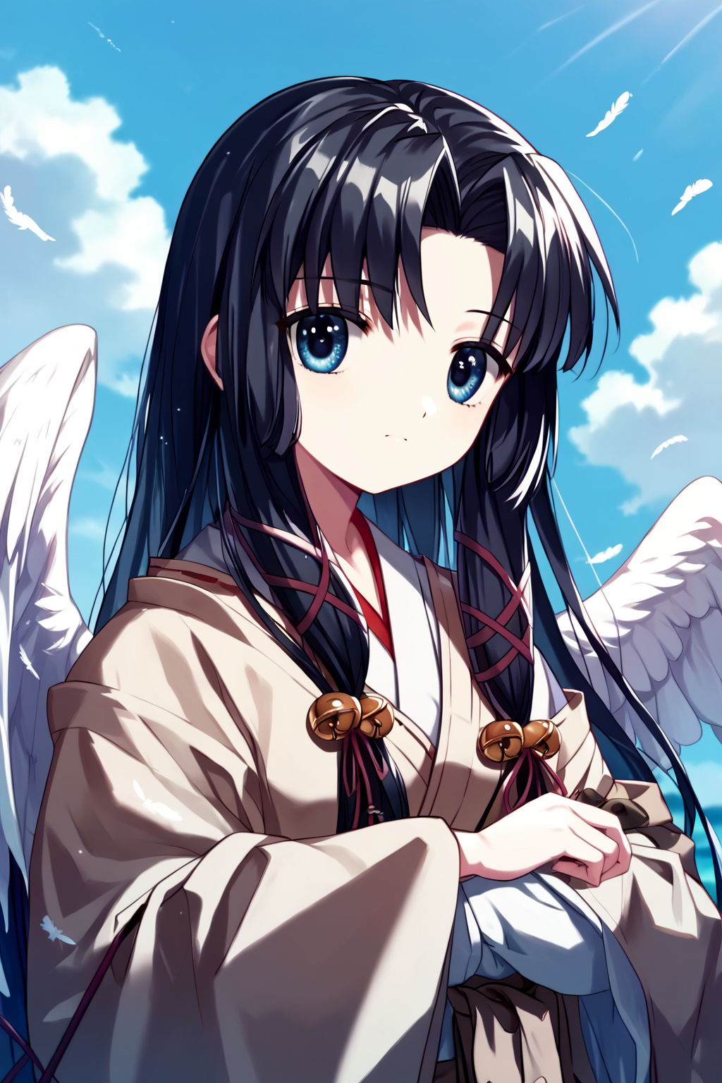 score_9, score_8_up, score_7_up, score_6_up, rating_questionable, source_anime, best quality, masterpiece, detailed background, detailed eyes, sky, large angel wings, brown yukata, white feathers, <lora:kannabi-no-mikoto-xl-05:1>, kannabi no mikoto, brown yukata, small breasts, black hair, long hair, blue eyes,