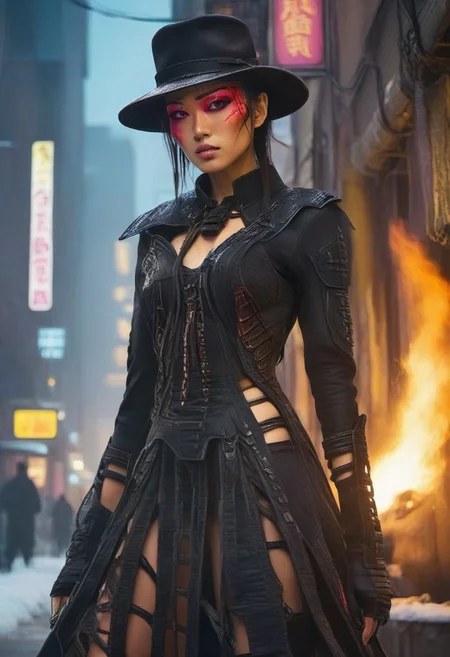 ((masterpiece, best quality, highly detailed)), cowboy shot, an asian skinned woman, stunning looks, demobaza, demobaza, The Hateful Eight film style, ((tall hat:1.3)), (swords, ((flaming sword)), sword in each hand), sword in both hands, wearing an unusual dress, black combat boots, in the city, cyber punk background, neon lights, short hair, brown eyes, demobaza, cyberpunk style, cyberpunk