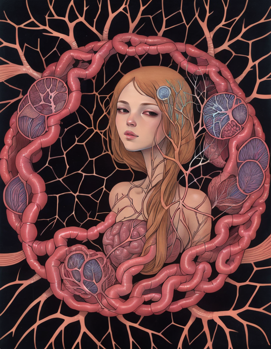<lora:auka:0.6>auka, black background with branch design and neurons, girl with long braid inside of circular design made out of veins, intestines, and cells