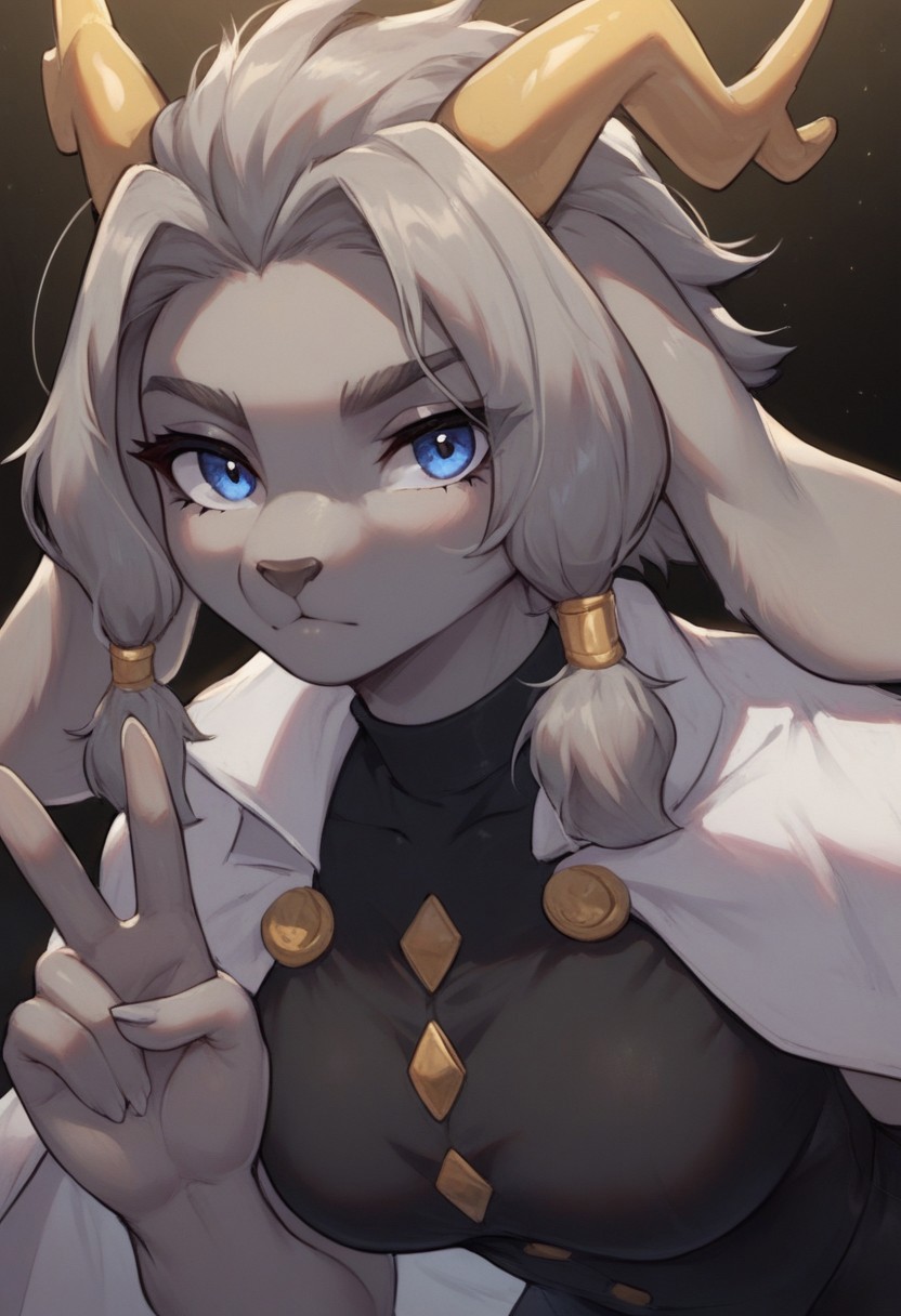 score_9, score_8_up, score_7_up, ultra quality, 1girl, SybilXl, anthro, grey fur, antlers, floppy ears, animal nose, blue eyes, sidelocks, grey hair, black vest, shoulder cape, sleeveless, breasts, upper body, expressionless look, peace sign sign, leaning forward, looking at viewer