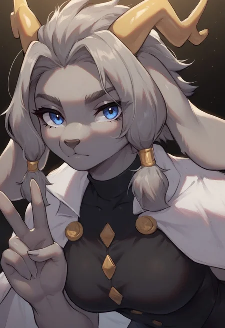 score_9, score_8_up, score_7_up, ultra quality, 1girl, SybilXl, anthro, grey fur, antlers, floppy ears, animal nose, blue eyes, sidelocks, grey hair, black vest, shoulder cape, sleeveless, breasts, upper body, expressionless look, peace sign sign, leaning forward, looking at viewer