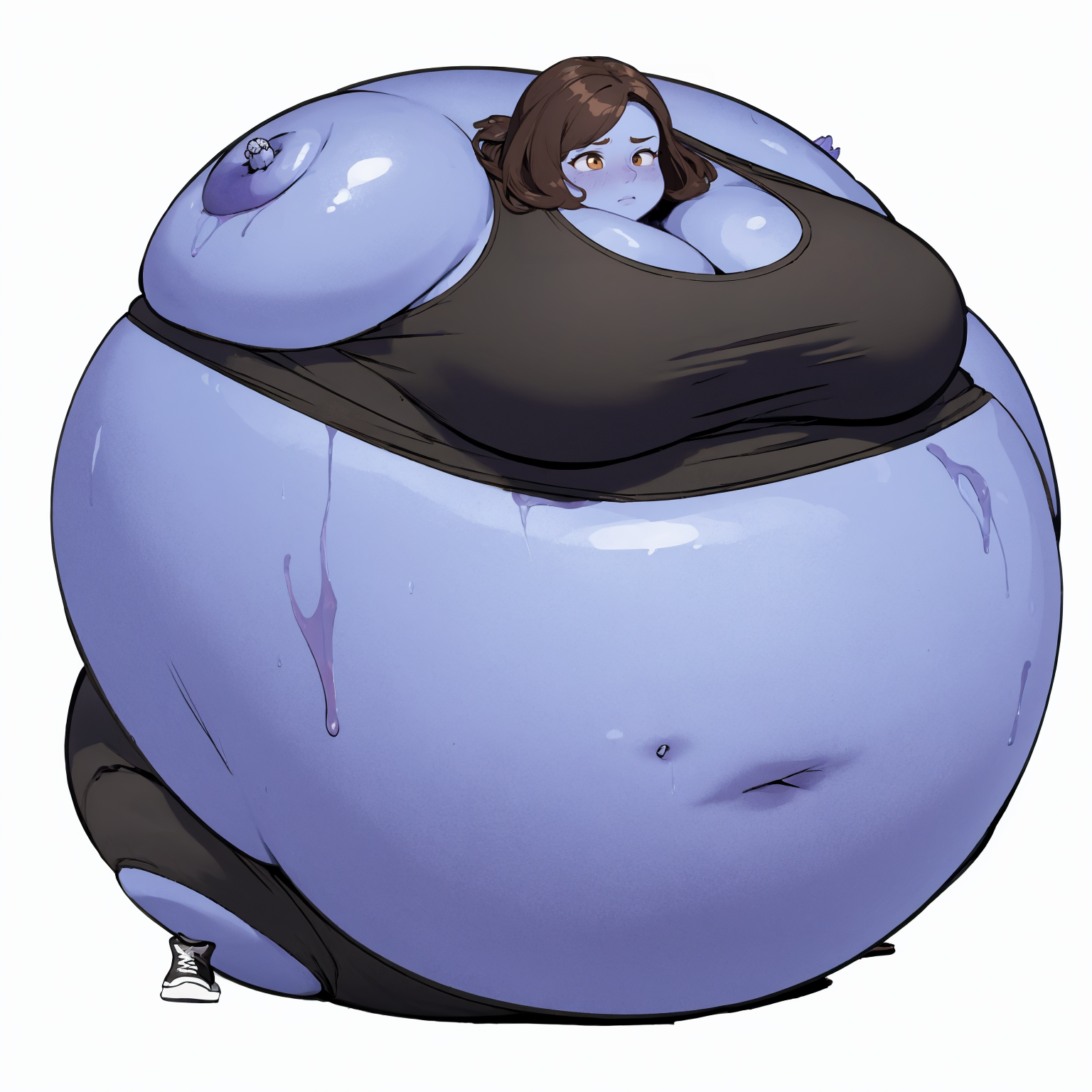 masterpiece, volumetric lighting, 
<lora:blueberry_inflation_v3a01:1>
solo, 1girl, full body, simple background, white background, 
hyper blueberry inflation, spherical inflation, colored skin, blue skin, purple skin, tank top, black shorts, sneakers, 
worried, wide eyed, brown eyes