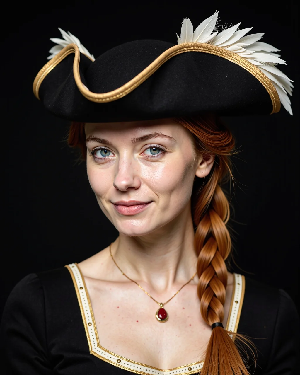 Candid photography of a ginger woman with royal blue eyes in a feathered tricorn hat in the style of elizabethan era. she has braided chignon. The hat has high detail and elegant style. faint smile, necklace with ruby. The design creates an atmosphere of mystery, fantasy, and magic