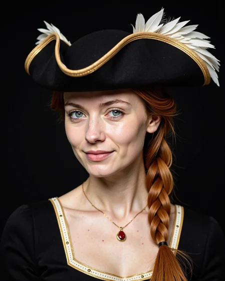 Candid photography of a ginger woman with royal blue eyes in a feathered tricorn hat in the style of elizabethan era. she has braided chignon. The hat has high detail and elegant style. faint smile, necklace with ruby. The design creates an atmosphere of mystery, fantasy, and magic