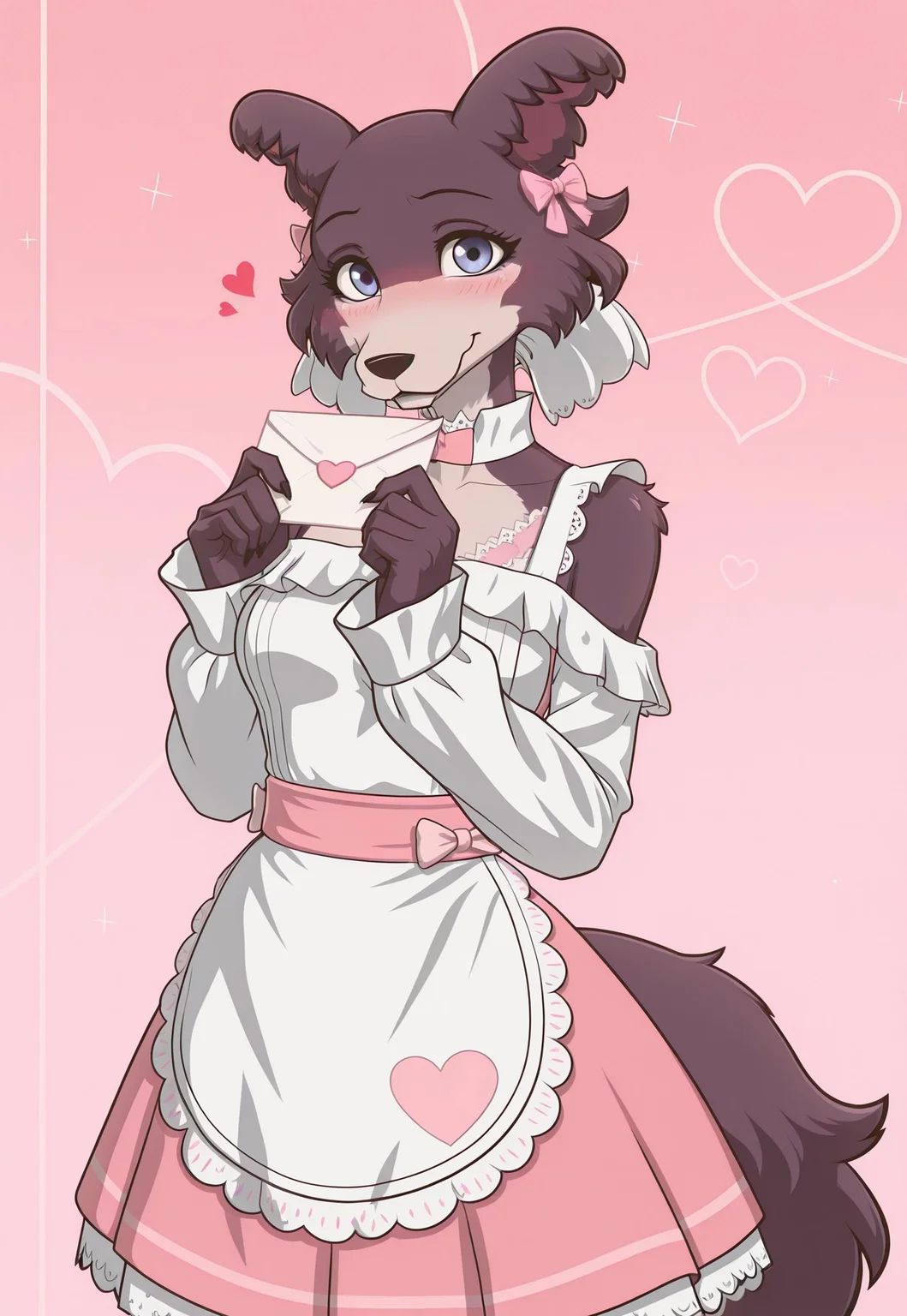 masterpiece, best quality, furry, female, anthro, lw88, juno, wolf girl, brown-purple fur, blue eyes, wolf tail, animal nose, animal ears, medium breasts, detailed eyes, eyebrows, eyeleashes, gradient background, fluffy fur, cheek tuft, inner ear fluffy, pink skirt, maid dress, long sleeves, pink bow, apron, lace trim, hair bow, sleeves past wrists, fluffy tail, holding love letter, tail, cute expression, looking at viewer, blush, heart symbol above head, light pink background , both hand holding the letter, solo, light particules in background, smiling at viewer