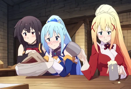 anime artwork Masterpiece, high quality, score_9, score_8_up, score_7_up, ((3girls)), sitting around one table, indoors, japanese room, table, dim lighting, looking at another,  
BREAK slut face, holding whipp, looking to the side, darkness \(konosuba\), long hair, green eyes, blonde hair, hair ornament, ponytail, braid, x hair ornament,
BREAK serious, sad, holding book, 
megumin, short hair, black hair, red eyes, short hair with long locks,
BREAK  smug, holding beer, looking to the side,  <lora:Aqua_(Konosuba):1> Aqua_(Konosuba), blue eyes, blue footwear, blue hair, blue thighhighs, blush, boots, breasts, bubble, detached sleeves, hair ornament, hair rings, leg up, long hair,  medium breasts, open hand, single hair ring, skirt, holding a beer, beer, sitting on chair,pant less,