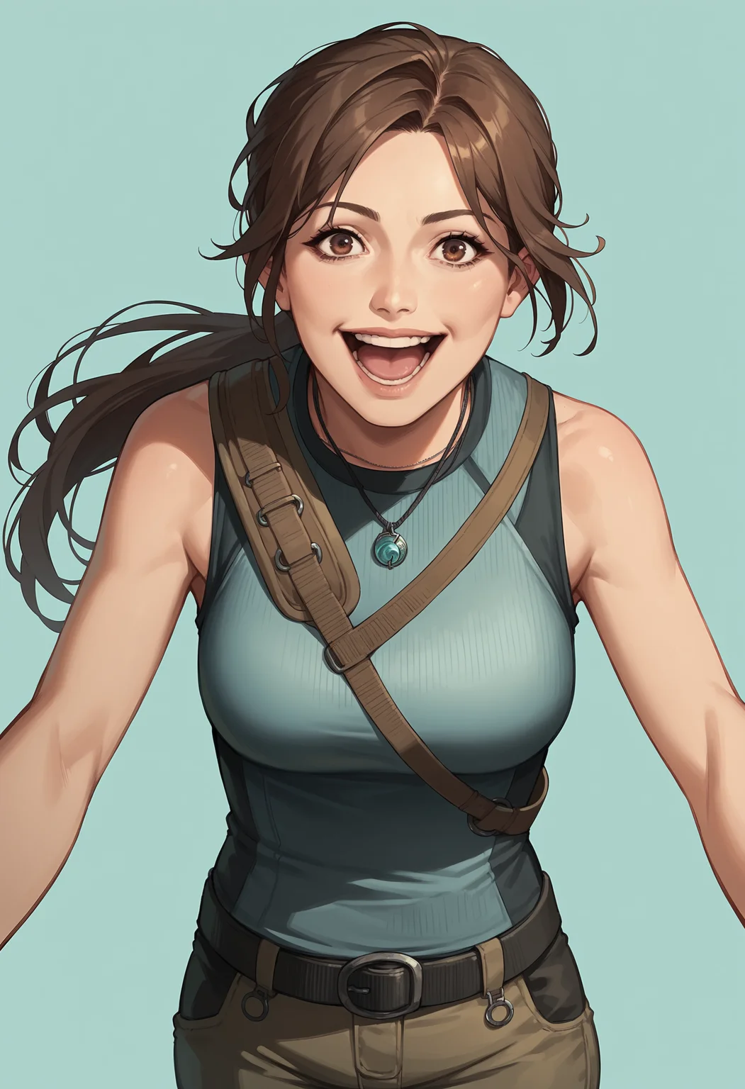 score_9, score_8_up, score_8, source_anime, 1girl, <lora:LaraCroftSOTTR:0.85> solo, medium breasts, brown eyes, ponytail, brown hair, lips, pants, sleeveless, belt, pendant, jewelry, looking at viewer, laugh, mouth open, looking at viewer,
light blue background, simple background,