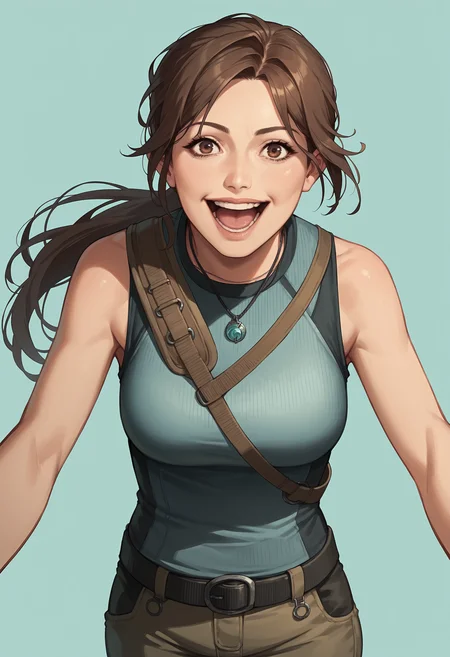 score_9, score_8_up, score_8, source_anime, 1girl, <lora:LaraCroftSOTTR:0.85> solo, medium breasts, brown eyes, ponytail, brown hair, lips, pants, sleeveless, belt, pendant, jewelry, looking at viewer, laugh, mouth open, looking at viewer,
light blue background, simple background,