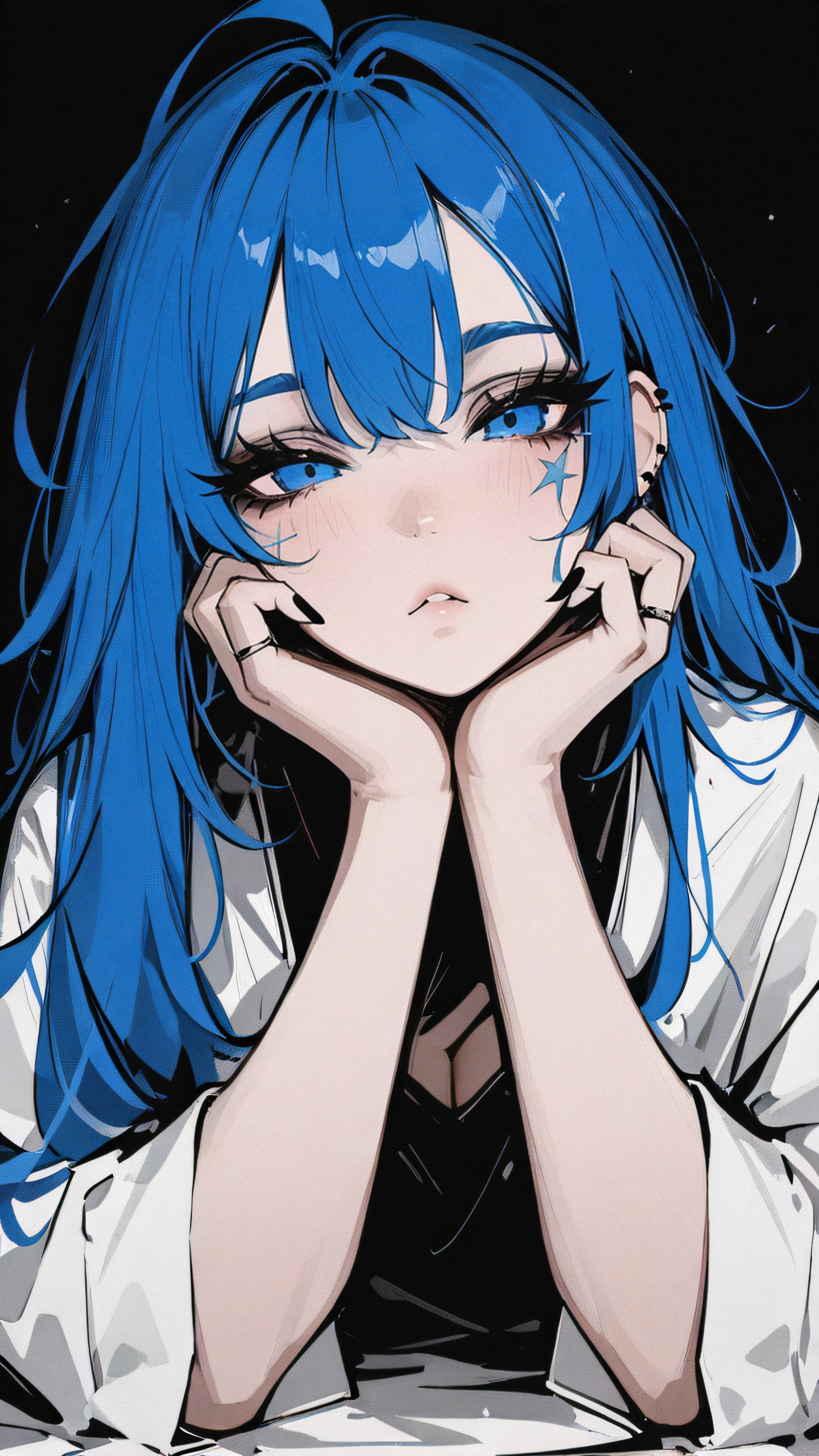 ,masterpiece,best quality,newest,  <lora:Monochrome_Glamourv1:0.9> mcglam, 1girl, blue hair, anime, blue eyes