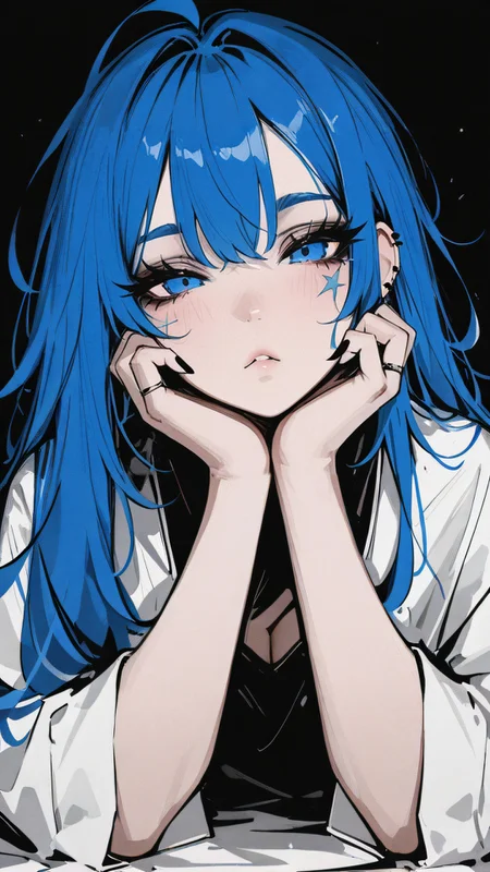 ,masterpiece,best quality,newest, <lora:Monochrome_Glamourv1:0.9> mcglam, 1girl, blue hair, anime, blue eyes