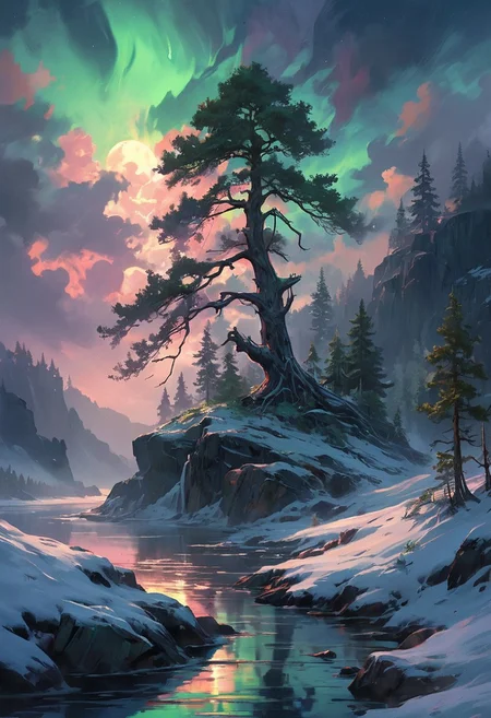 Under the eerie glow of a full moon,a dark and ominous landscape unfolds. A vibrant, colorful pine stands by the edge of a serene lake,its vivid hues contrasting starkly with the foreboding atmosphere. In the background,a waterfall cascades down jagged rocks,the water glistening in the moonlight. Thick,swirling clouds loom overhead,adding to the sense of an evil presence. winter landscape, aurora borealis, northern lights, The moonlight filters through the clouds,casting an otherworldly glow over the scene. The air is thick with mysticism,as if the very night holds ancient secrets and dark magic.  [romantic impressionism,dream scenery art,beautiful oil matte painting,romantic,style of thomas kinkade,beautiful digital painting,anime landscape,romantic painting,dreamlike digital painting,colorful painting,beautiful gorgeous digital art,style of greg rutkowski,janek sedlar,jenny saville:0]