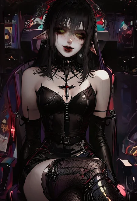 score_9, score_8_up, score_7_up, score_6_up, close up portrait, 1girl, solo, layna_2d, at3r4, licking her lips covered with blood, pointy ears, green eyes, freckles, scar, black hair, fingerless gloves, black dress, elbow gloves, cross earrings, cross, detailed eyes, perfect face, perfect eyes, sexy, sexy girl, beautiful eyes, petite body, thick thighs, medium breasts, (sitting in a gamer chair:1.3), posing, light smile, in multiple monitors background, dynamic angle, red and black theme, NEGATIVE_HANDS,gothic, spikes, fishnet pantyhose, latex,gd