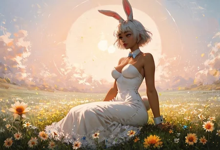 safe_pos, safe_pos, detailed, masterpiece, a woman, score_9, score_8_up, score_7_up, score_6_up, score_5_up, score_4_up, 1girl, (score_9, score_8_up:1.1) girl, meadow , green meadow , flowers , sunset , evening , orange lighting , detailed sun rays , beautiful face , round face , detailed face , tanned face , beautiful eyes , detailed eyes , brown eyes , medium breasts , round breasts , slender , beautiful figure , beautiful hair , white hair , short hair , bunny ears , white ears , white fur , white fur , covered with hands , bunny tail sitting pose , nice ass looking away ,white dress, closer camera , focus on the chest , sitting in the grass , tall grass, zPDXL3, SimpleNegativeV3,easynegative