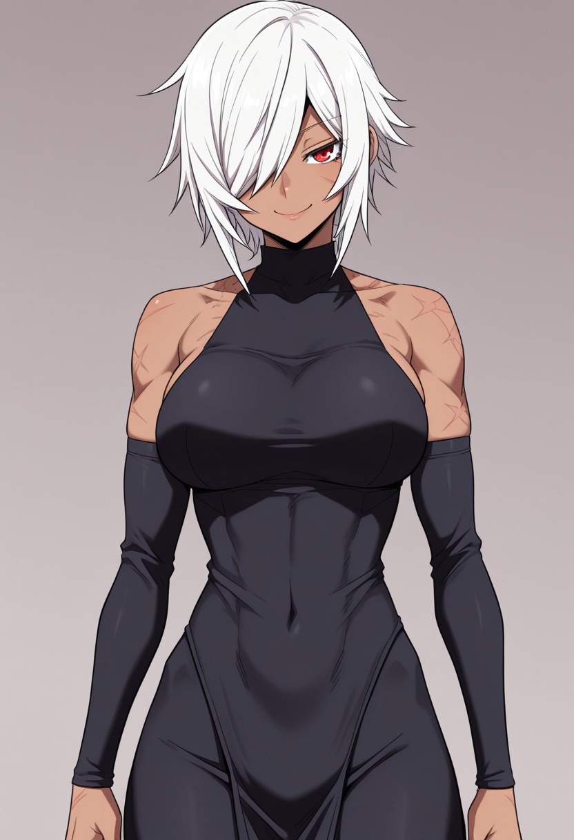 jin, uneven outline, hard edges, dark skin, white hair, hair over one eye, smile, bare shoulders, scars, manga style