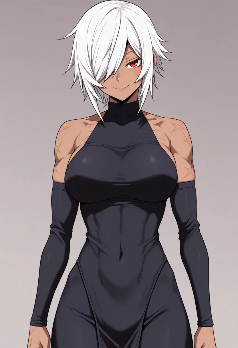 jin, uneven outline, hard edges, dark skin, white hair, hair over one eye, smile, bare shoulders, scars, manga style