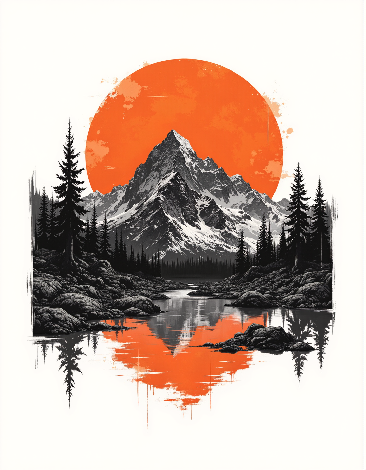 A graphic illustration, black and white, of a mountain landscape with a brilliant orange sunset.
 <lora:Dieselcore:0.7> d1eselc0re  <lora:Glitchcore_Flux:0.4> gl1tchc0re