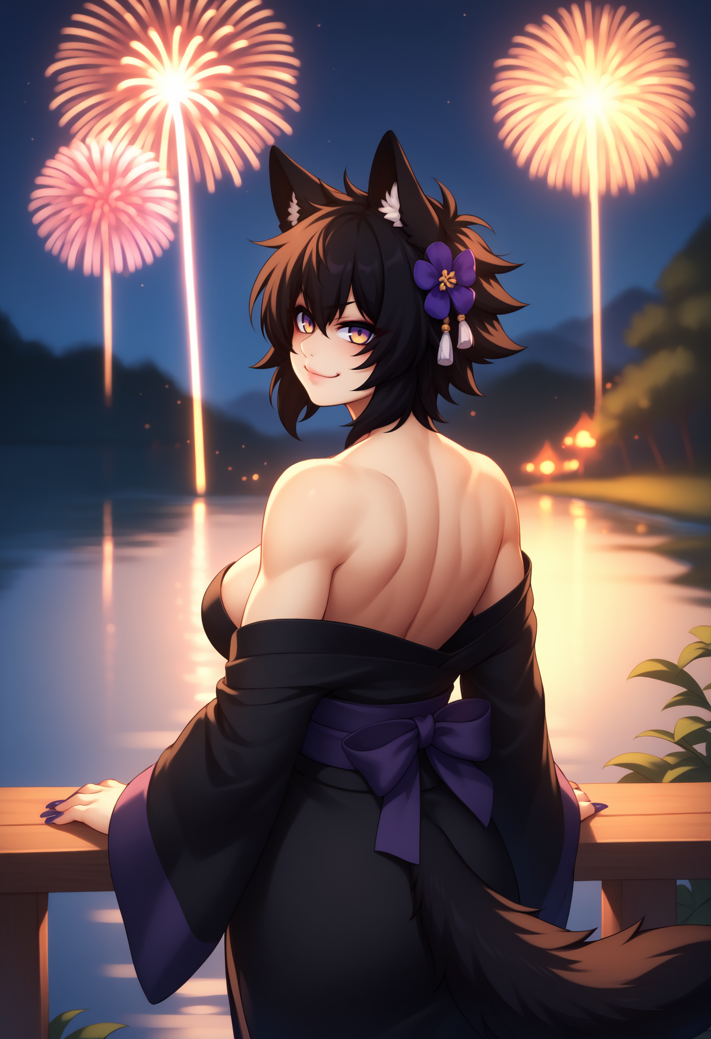 score_9, score_8_up, score_7_up, detailed, BREAK 1girl, solo, mnori, wolf girl, wolf tail, animal ears, multicolored eyes, black hair, short hair, large breasts, nail polish, <lora:MnoriYamatoPDXL_V1-Manityro-CAME:1.0>,
black kimono, off-shoulder kimono,
looking at viewer, looking back, smug, cowboy shot, rear view, toned,
outdoors, night, dark, fireworks, river,