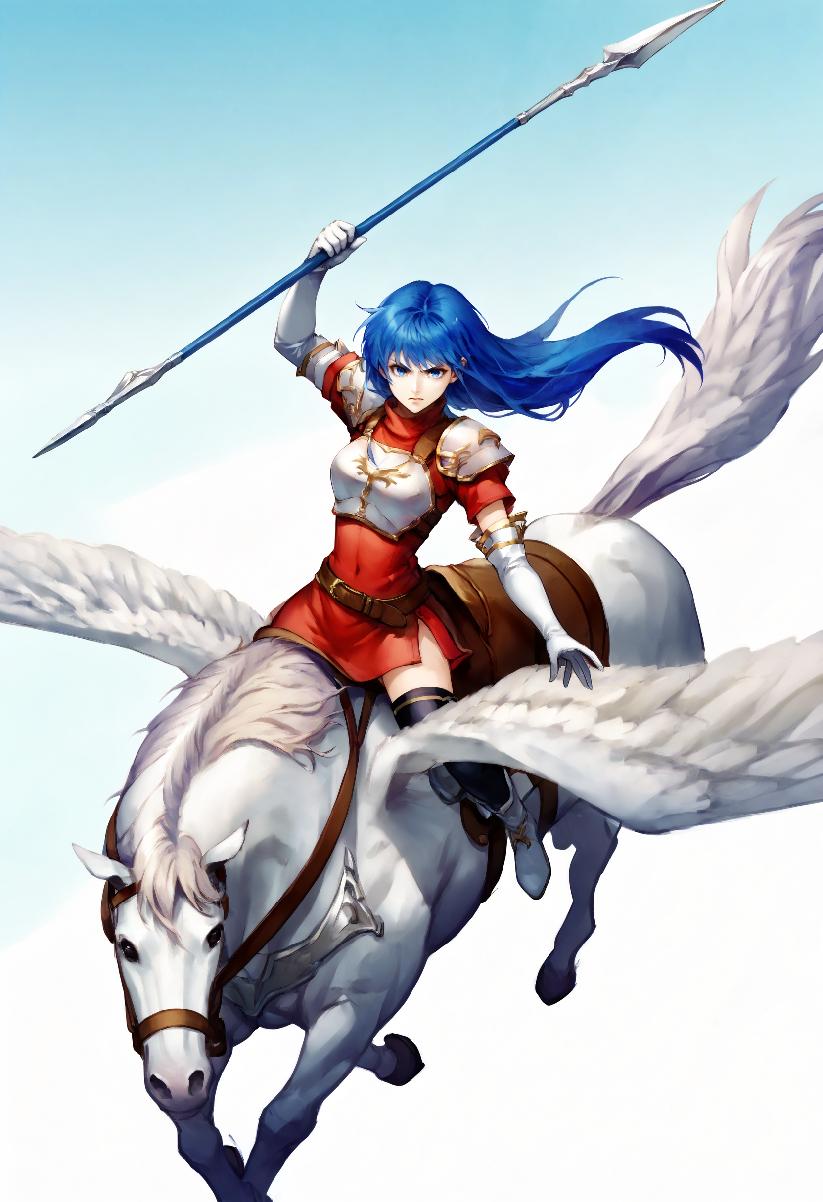 score_9,score_8_up,score_7_up,extreme detailed,full_body,zPDXL BREAK sky,flying,
<lora:Pony_DetailV2.0:1>,pegasus knight,horse,horseback riding,pegasus,<lora:pegasus knight:0.8>,caedadef,blue eyes,blue hair,long hair,bangs,turtleneck,red shirt,shoulder armor,pauldrons,breastplate,multiple belts,brown belt,white gloves,elbow gloves,red skirt,black thighhighs,white boots,<lora:caeda-fe-richy-v1_pdxl:1>,fighting stance,holding_spear,charging forward,