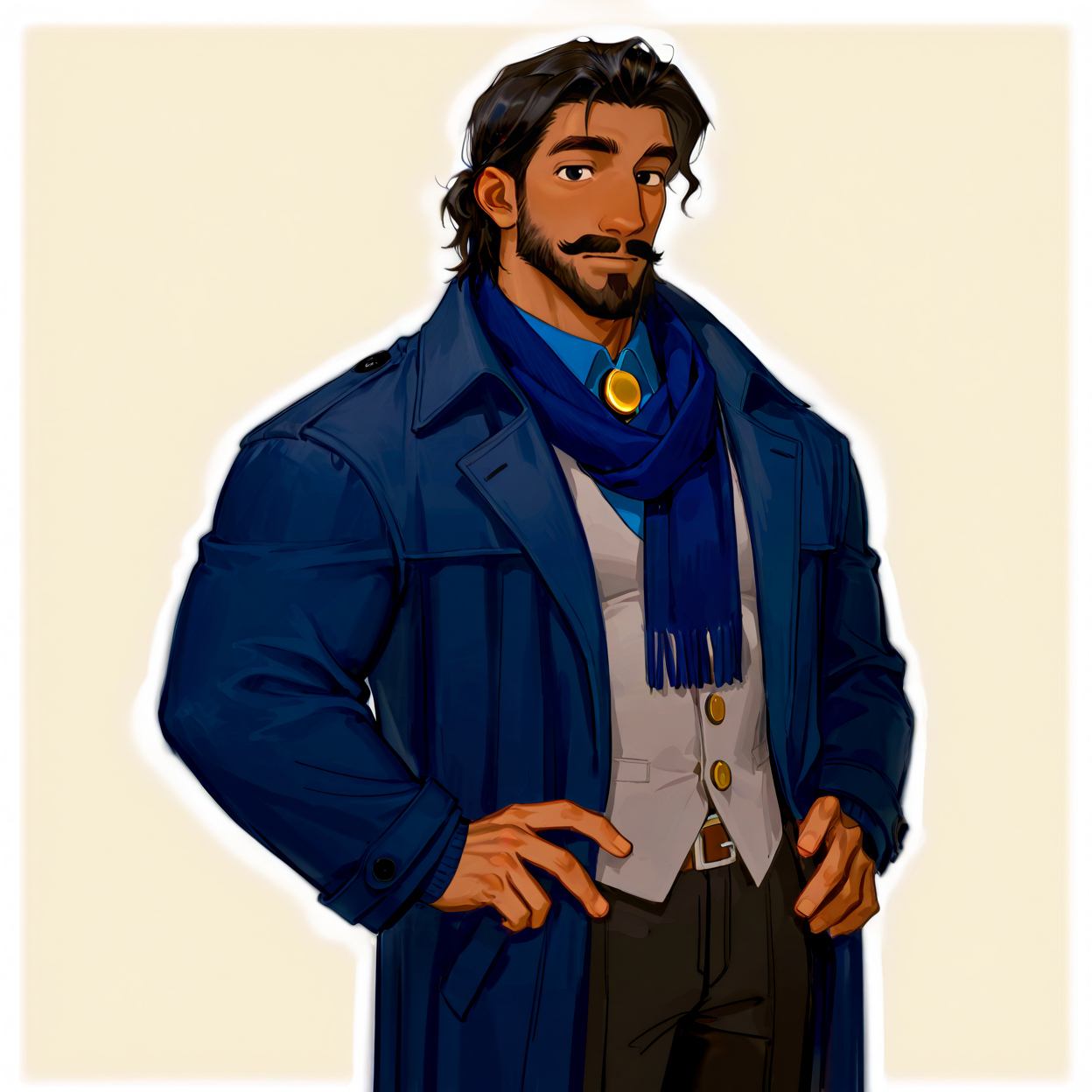 <lora:fba4fc6f-0e2b-40e5-864d-ce6557504d9e.TA_trained:.7>, (coralraj,black hair,medium hair,dark skin,black eyes,facial hair,beard,mustache,thick eyebrows, blue collared shirt, grey vest, pants, brown loafers, blue longcoat, gold button, blue knitted scarf, blue collared shirt, dark pants, shoes,)
cowboy shot, 
(very short hair, beard, bara, mature, facial hair, stubble, beard, full beard, sideburn, beard, a lot of beard, ), facial hair,male focus, muscular male, muscular male, bara, mature,  bara, mature, aixiwuganda_(20222192), very awa, masterpiece, best quality, absurdres, newest, perfect quality, detailed background, intricate details,
<lora:slider_Body Type_alpha1.0_rank4_noxattn_last:3><lora:Anime Summer Days 2 Style SDXL_LoRA_Pony Diffusion V6 XL:.6><lora:slider_cfg_scale_boost:.7><lora:Artist6p:.55>, Artist6p, Artist04p,<lora:slider_il_brightness_slider_d1:-1><lora:slider_il_contrast_slider_d1:-1><lora:slider_DarkSlider1.2_alpha1.0_rank16_full_300steps:-.6><lora:slider_contract_controller_illus01_v1:.25>, <lora:addon_illustriousXLv01_stabilizer_v1.121:.5>