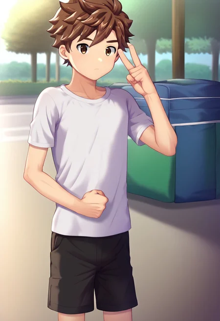 sato_daiki, brown hair, short hair, brown eyes, 1boy, solo, solo focus, medium build body, V-shaped shoulders, standing, strong leg, young man, youthful, (short torso:1.40), (proportional body:1.20), handfixer, detailed eyes, detailed hands, clenched hands, white t-shirt, black shorts, public park setting