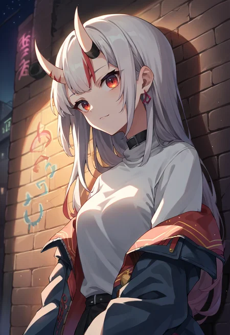 score_9, score_8_up, score_7_up, source_anime, 1girl, solo, NakiriAyame, oni horns, long hair, earrings, sharp eyes, choker, neon shirt, open jacket, turtleneck sweater, night, against wall, brick wall, graffiti, dim lighting, alley, looking at viewer, <lora:CHAR-NakiriAyamePonyXL:1>