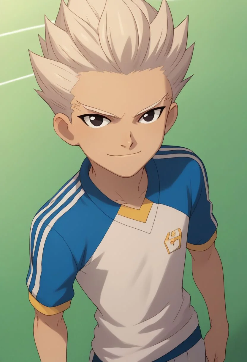 score_9, score_8_up, score_7_up, source_anime, highly detailed, skinny, slender, 2boys,
axel2, male focus, 1boy, solo, sportswear, black eyes, soccer uniform, smile, raimon, looking at viewer, white hair