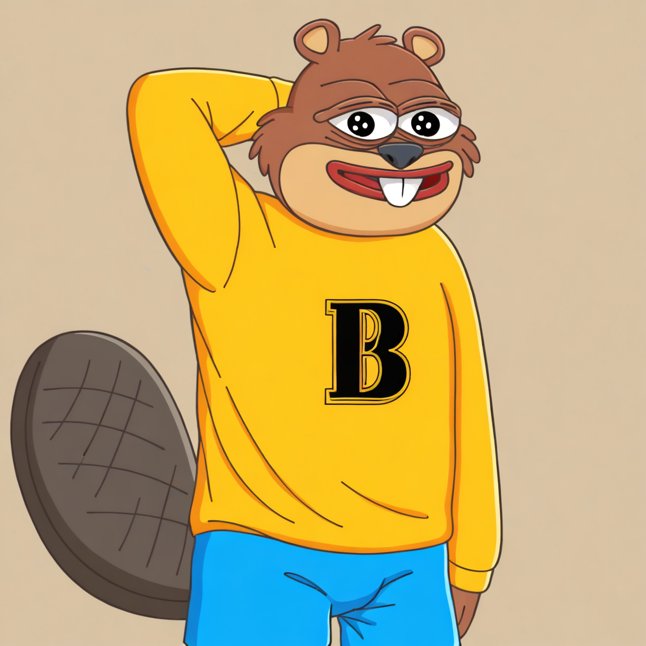 bucky, super bucky, beaver, furry male, yellow sweater with b,   front view, solo, tail, blue shorts, buck teeth, arm up<lora:Bucky Pony:0.9>
score_7,score_8,score_9