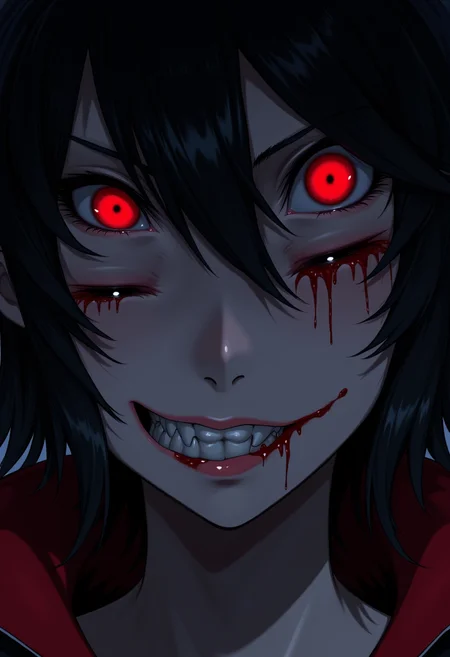 Newanimecore. anime and horror art style. a dramatic 2 face close up. a fantasy image that combines the style of anime and horror with a girl and evil shadows face in backgound with sharp teeth