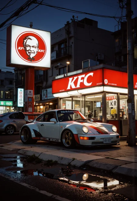A white Metallic Porsche 964 Carrera RS Equipped with a large black rear wing parked near the KFC store(A clear KFC Illuminated logo,KFC store exterior,A clear white ITC American Typewriter Bold font "KFC" English red background Signboard.) in the gas station at the Tokyo,a yellow car number plate reading "13-14",The scene is captured from directly above, with a frontal side perspective,Day time,with ambient lighting,shot with a Hasselblad H6D-100c camera and Portra film.
<lora:Anime_Art_V3_(FLUX):0.5> <lora:FluxMythAn1meL1nes:0.4> <lora:Fluxartis_28.11A_(FLUX):0.4>