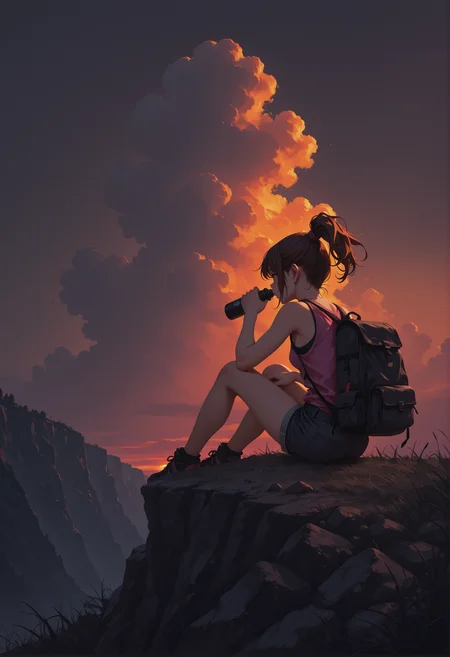 painterly,, 106858, hamukukka, beitemian, 1girl, solo, moody, atmospheric, solo, sky, cloud, outdoors, scenery, auburn hair,grass, long ponytail haircut, cloudy sky,sunset,jean shorts, pink tank top, sports backpack,facing away, drinking,hiking bottle, sitting on the edge of a cliff, legs spreas, rocks, dark,, masterpiece, best quality,  absurdres,  very aesthetic, amazing quality,highres, painterly,faux traditional media,paint splatter,brush stroke