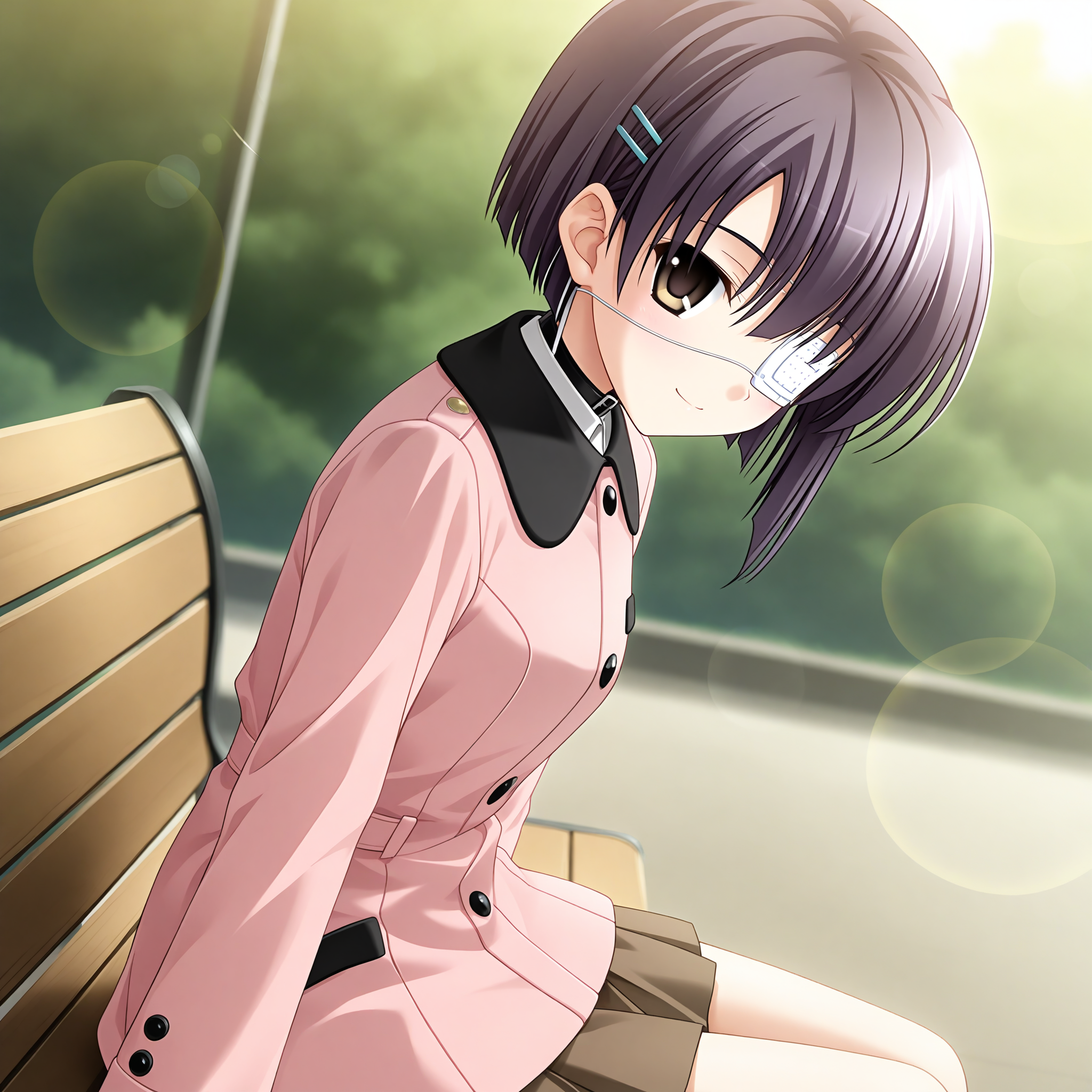 <lora:Shindou_Chihiro_1_nai-000042:1>,Shindou Chihiro,blue hairclip,eyepatch,
pink coat,long sleeves,collared coat,black collar,pleated skirt,miniskirt,pocket,brown skirt,
1girl,solo,smile,from side,looking at viewer,smile,depth of field,lens_flare,sitting,on bench,