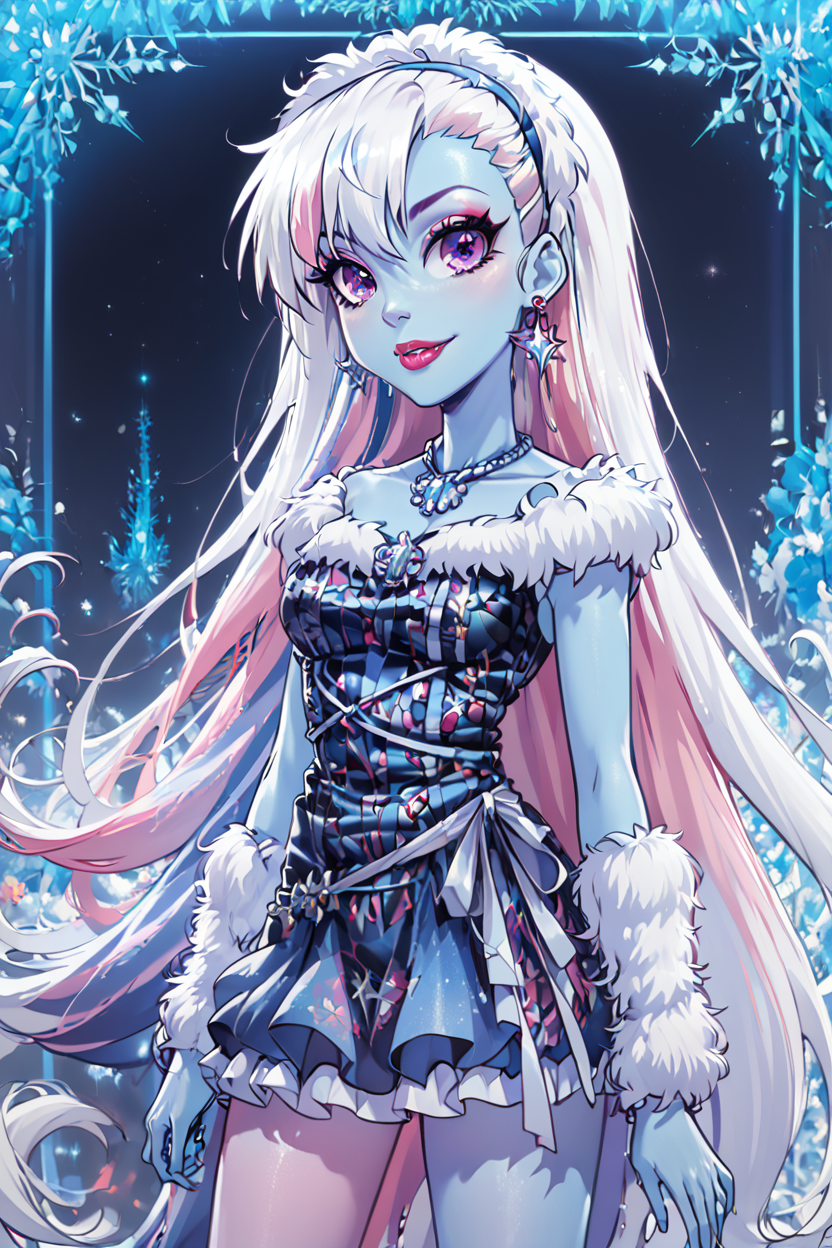 score_9, score_8_up, score_8, medium breasts, (curvy), cute, eyelashes,       ,,, , ,,, zzAbbey, purple eyes, blue hair, hairband, long hair, multicolored hair, pink hair, very long hair, white hair, colored skin, blue skin, makeup, jewelry, dress, earrings, fur trim, bare shoulders, necklace, eyeshadow, lipstick,  <lora:AbbeyBominable_MH_PDXL:0.8>,    ,,,, BREAK, smile, looking at viewer, cowboy shot, ,,, embedding:zPDXL, Expressiveh, ,,, <lora:PrismaIllya_PDXL_v3:1.0>, <lora:SDXLFaeTastic2400:0.5>, <lora:Expressive_H-000001:0.4>,