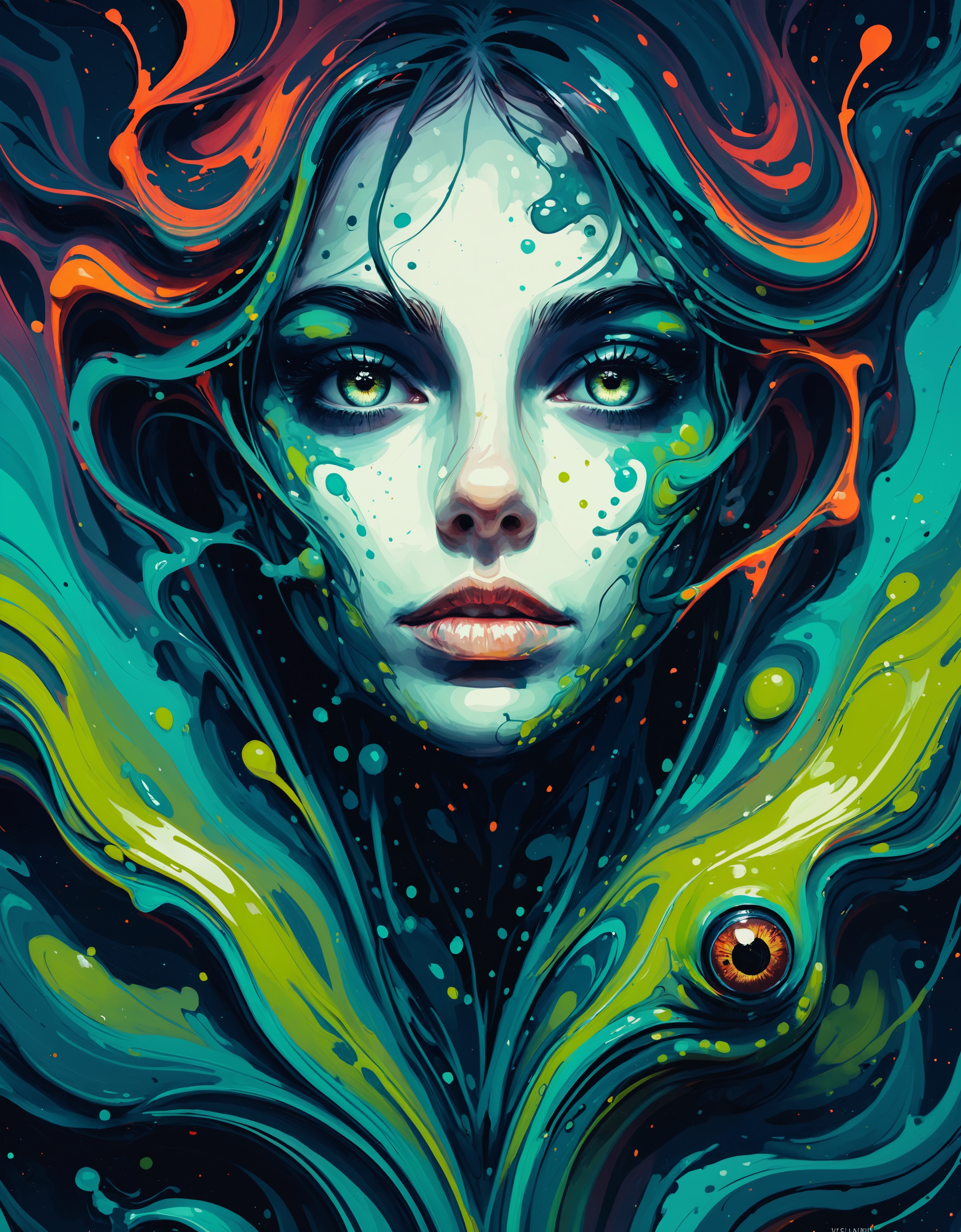zavy-lqdprtrt, liquid paint, 46 year old Female, she is Intellectual, Amphibian Eyes, at Nighttime, Simple illustration, 50mm, minimalist, dynamic composition, intricate detail, gorgeous, ambient atmosphere, best, elegant, atmosphere, cool colors, rich vivid colors, extremely rich detail, beautiful