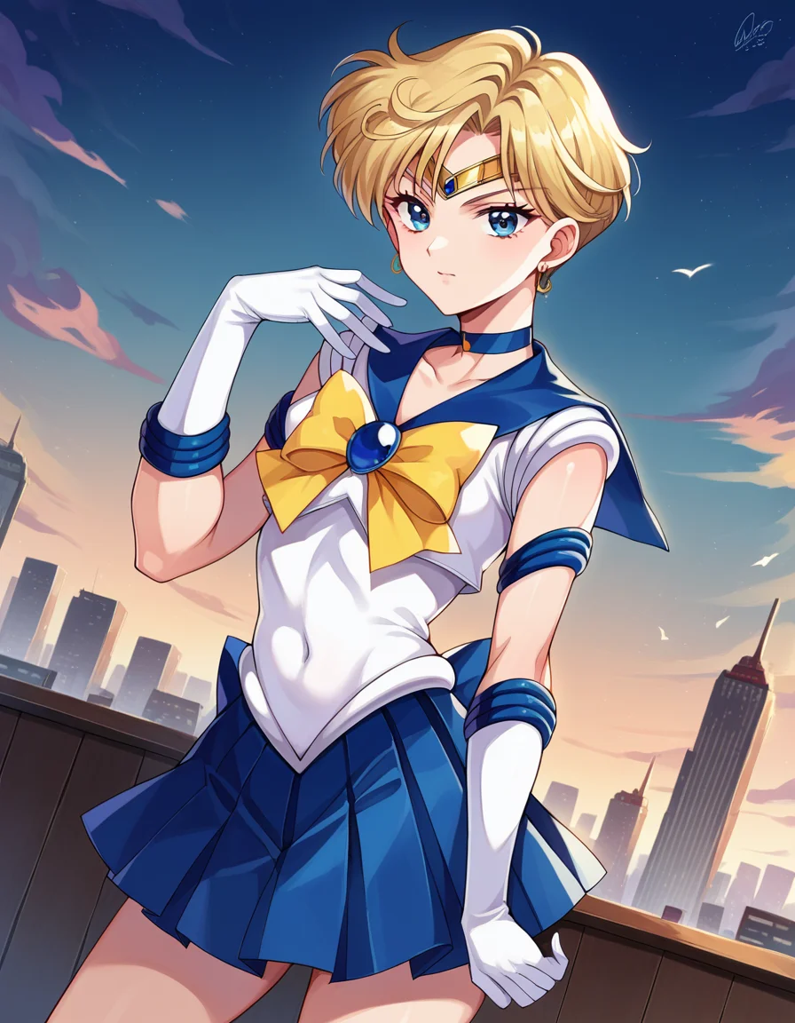 score_9, score_8_up, score_7_up, source_anime,
sailoruranus, <lora:sailor-uranus-ponyxl-lora-nochekaiser:1>
sailor uranus, blonde hair, blue eyes, parted bangs, short hair, very short hair,
back bow, blue bow, blue choker, blue gemstone, blue sailor collar, blue skirt, bow, bowtie, choker, circlet, earrings, elbow gloves, gem, gloves, jewelry, miniskirt, pleated skirt, sailor collar, shirt, short sleeves, skirt, white gloves, white shirt, yellow bow, yellow bowtie,
outdoors, cityscape,
looking at viewer, cowboy shot, dutch angle,