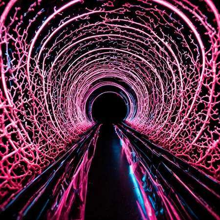 steep, tunnel, made of tiny neon glass filaments,
